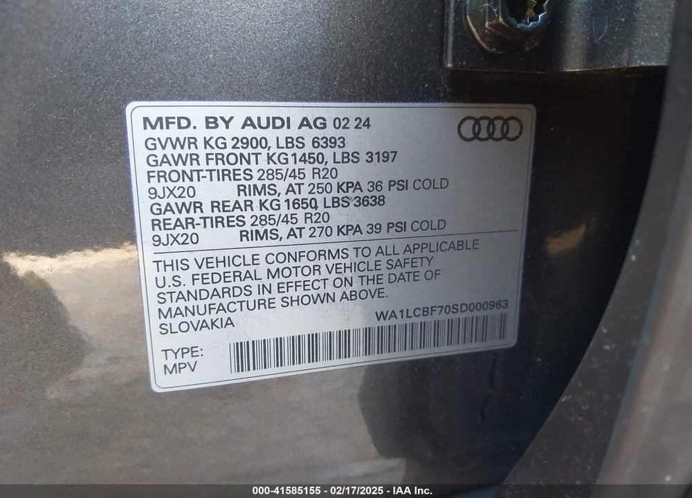 2025 AUDI Q7 PREMIUM PLUS 45 TFSI QUATTRO TIPTRONIC VIN: WA1LCBF70SD000963