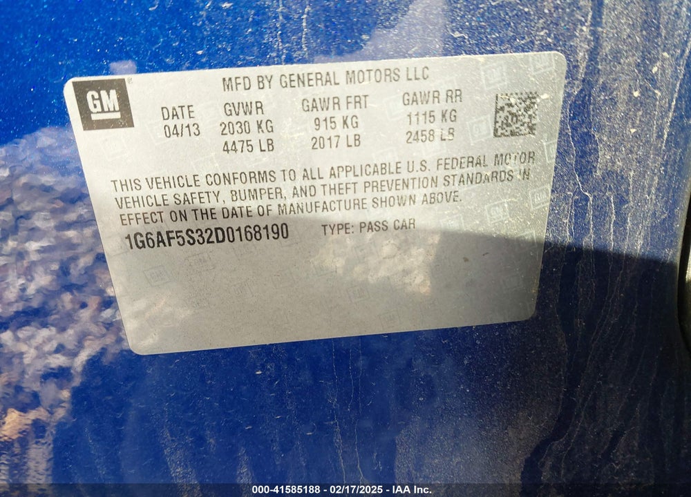 2013 CADILLAC ATS VIN: 1G6AF5S32D0168190