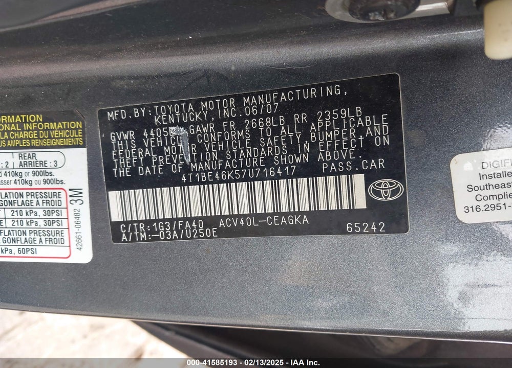 2007 TOYOTA CAMRY XLE VIN: 4T1BE46K57U716417