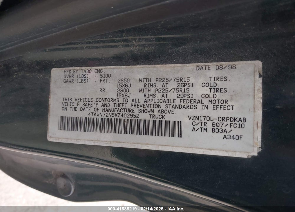 1999 TOYOTA TACOMA VIN: 4TAWN72N5XZ402952