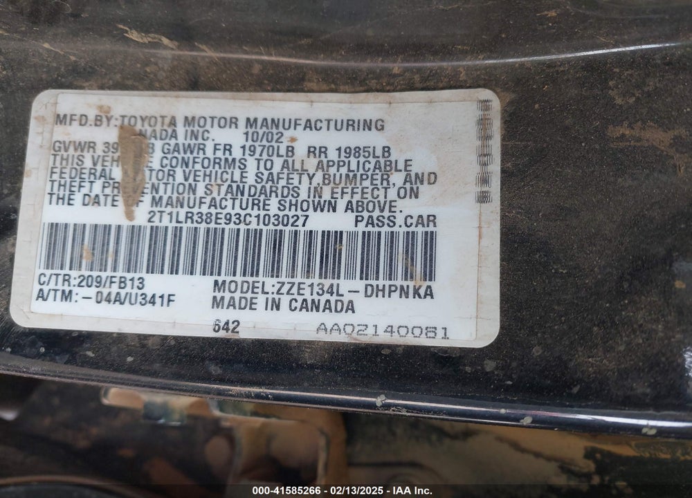 2003 TOYOTA MATRIX VIN: 2T1LR38E93C103027