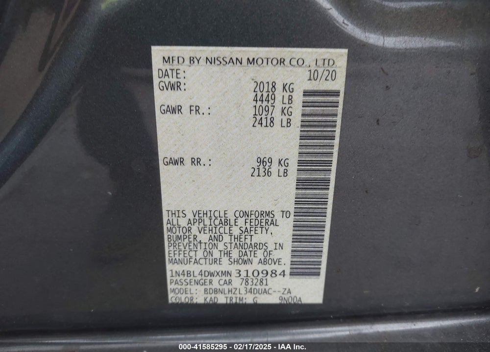 2021 NISSAN ALTIMA VIN: 1N4BL4DWXMN310984