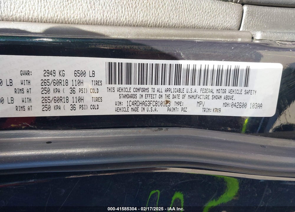 2015 DODGE DURANGO SXT VIN: 1C4RDHAG3FC810123