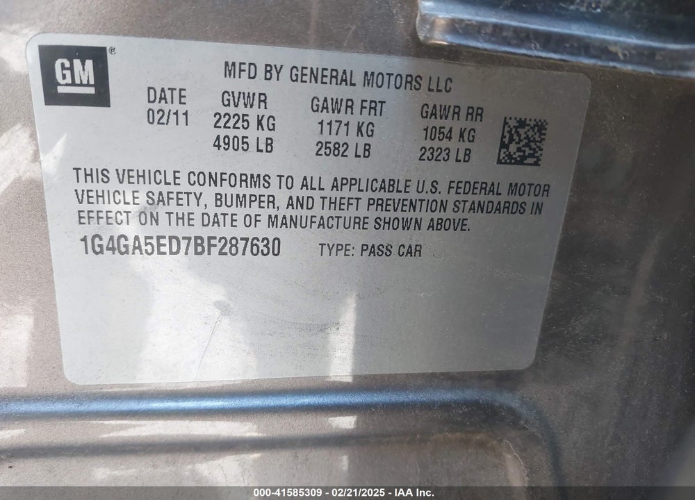 2011 BUICK LACROSSE VIN: 1G4GA5ED7BF287630
