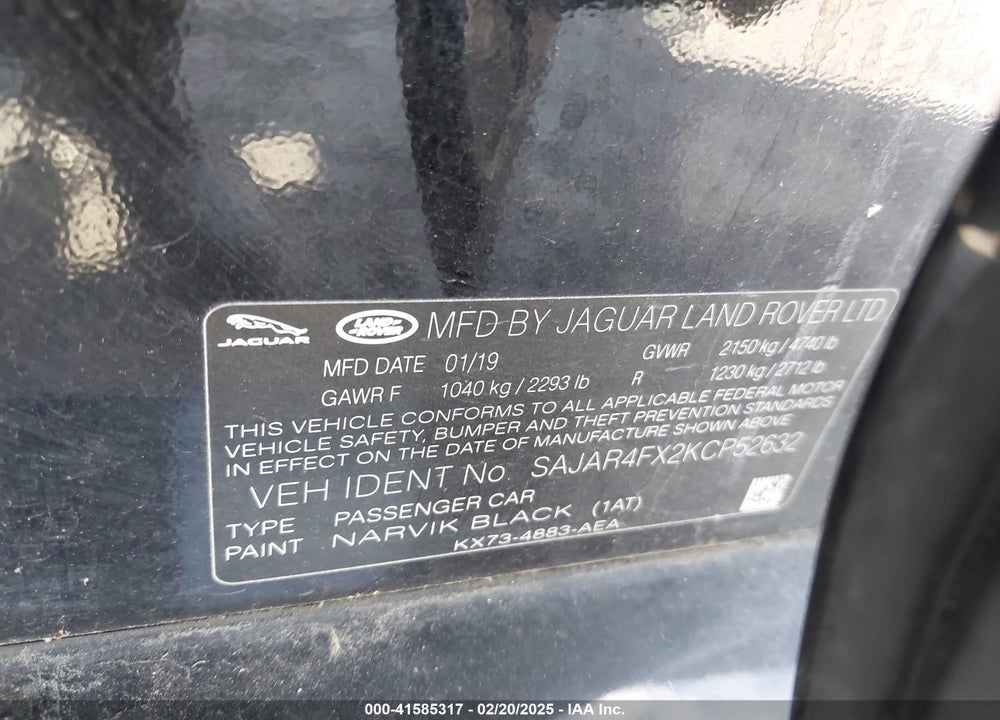 2019 JAGUAR XE 25T VIN: SAJAR4FX2KCP52632