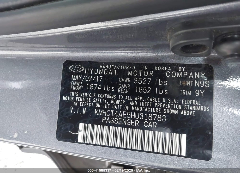 2017 HYUNDAI ACCENT VIN: KMHCT4AE5HU318783