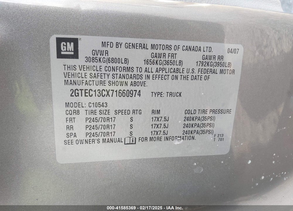2007 GMC SIERRA 1500 VIN: 2GTEC13CX71660974