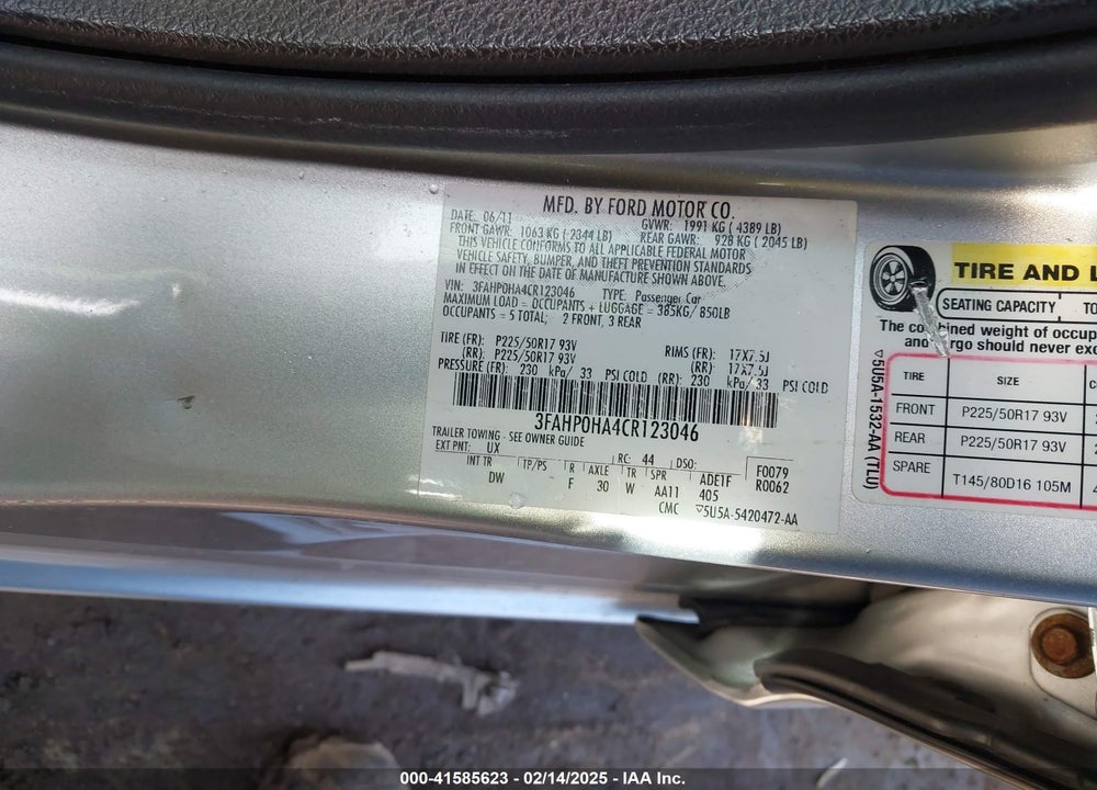 2012 FORD FUSION VIN: 3FAHP0HA4CR123046