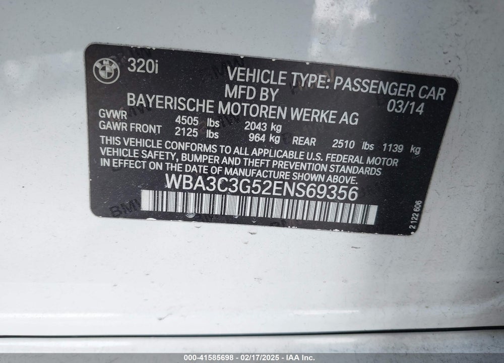 2014 BMW 320I XDRIVE VIN: WBA3C3G52ENS69356