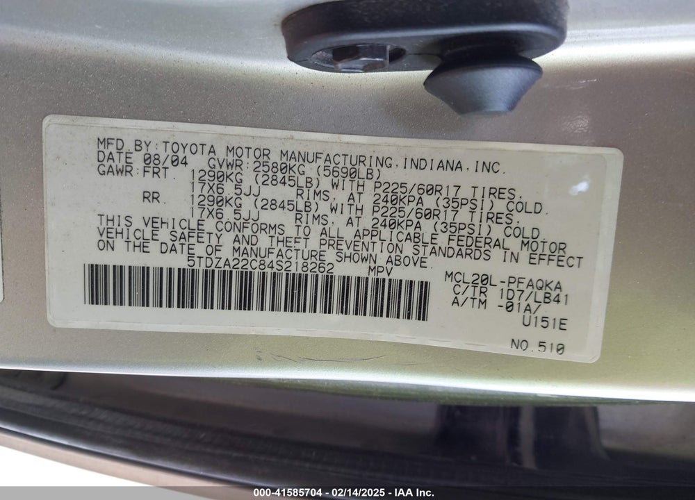2004 TOYOTA SIENNA XLE LIMITED VIN: 5TDZA22C84S218262