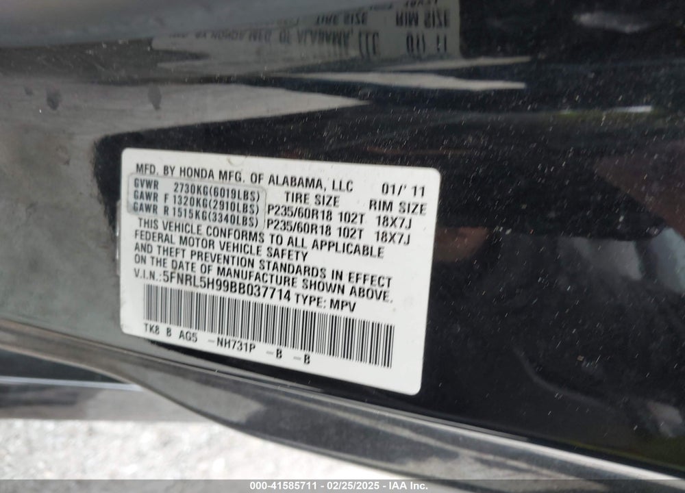 2011 HONDA ODYSSEY VIN: 5FNRL5H99BB037714
