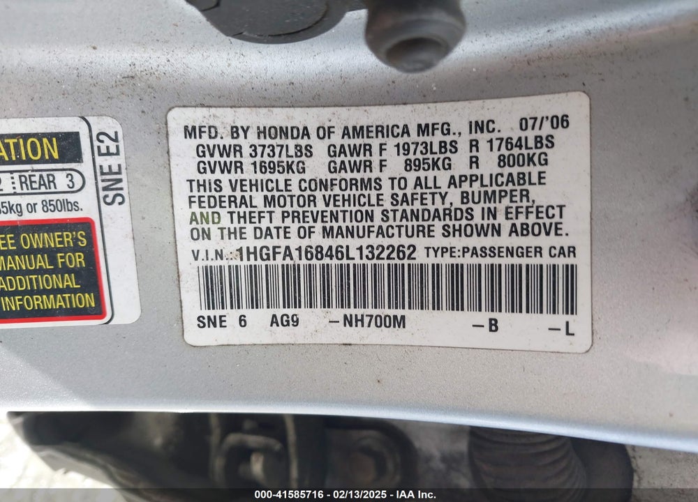 2006 HONDA CIVIC EX VIN: 1HGFA16846L132262