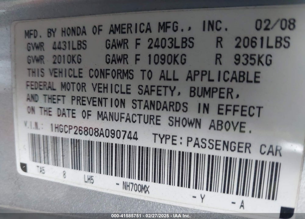 2008 HONDA ACCORD 2.4 EX-L VIN: 1HGCP26808A090744