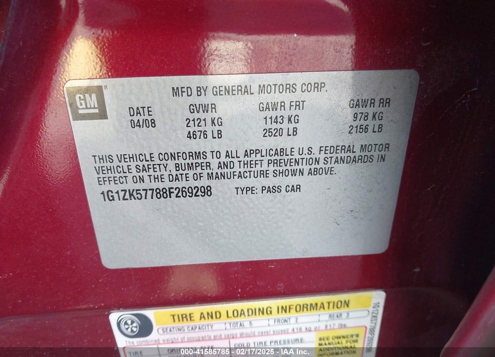 2008 CHEVROLET MALIBU VIN: 1G1ZK57788F269298