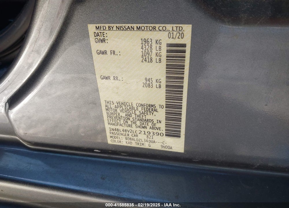 2020 NISSAN ALTIMA VIN: 1N4BL4BV2LC219390