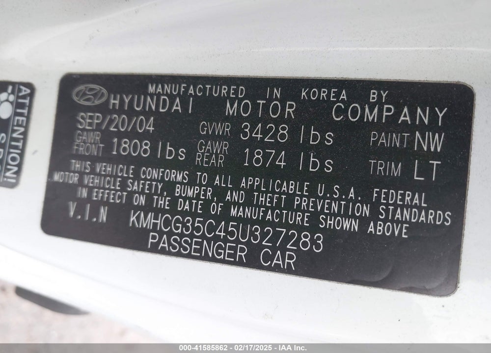 2005 HYUNDAI ACCENT GLS/GT VIN: KMHCG35C45U327283