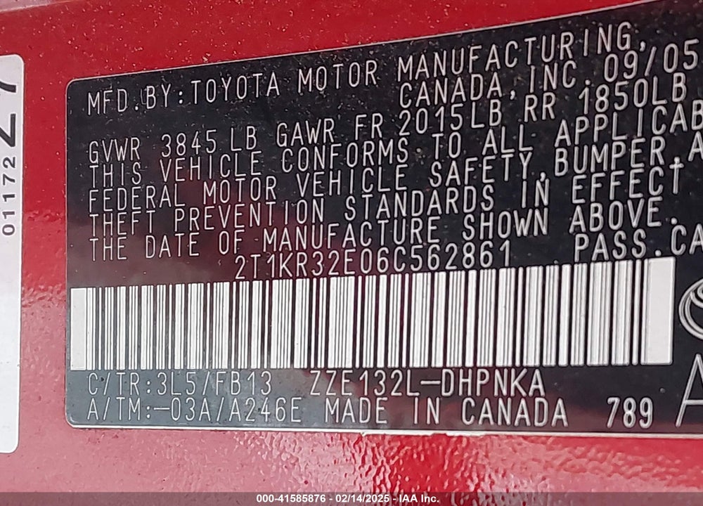 2006 TOYOTA MATRIX/XR VIN: 2T1KR32E06C562861