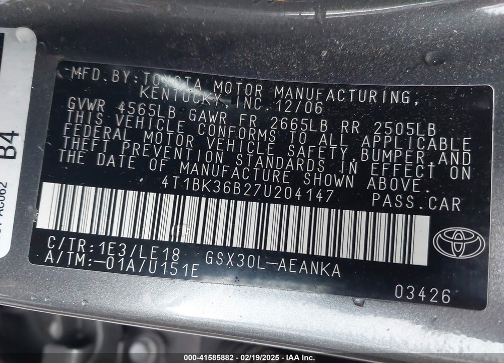 2007 TOYOTA AVALON VIN: 4T1BK36B27U204147