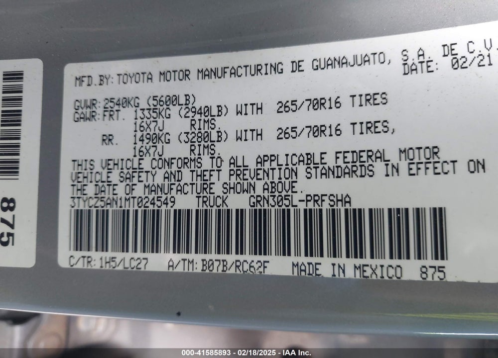2021 TOYOTA TACOMA VIN: 3TYCZ5AN1MT024549