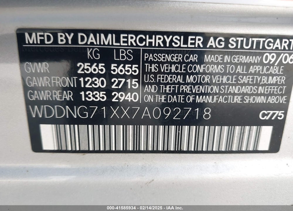 2007 MERCEDES-BENZ S 550 VIN: WDDNG71XX7A092718