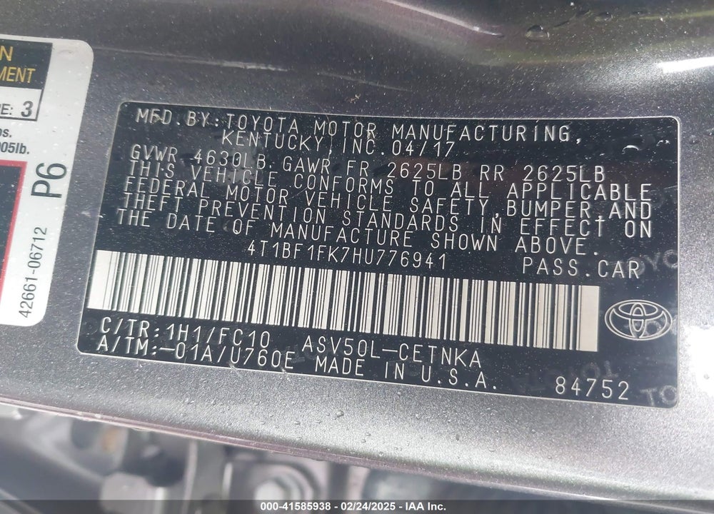 2017 TOYOTA CAMRY VIN: 4T1BF1FK7HU776941