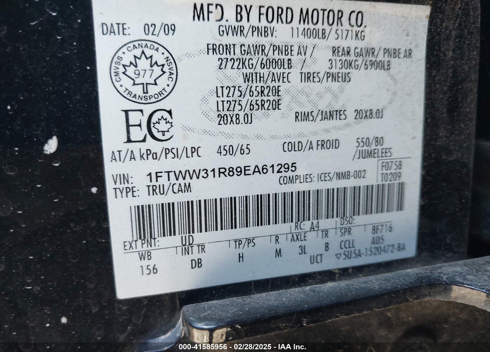 2009 FORD F 350 VIN: 1FTWW31R89EA61295