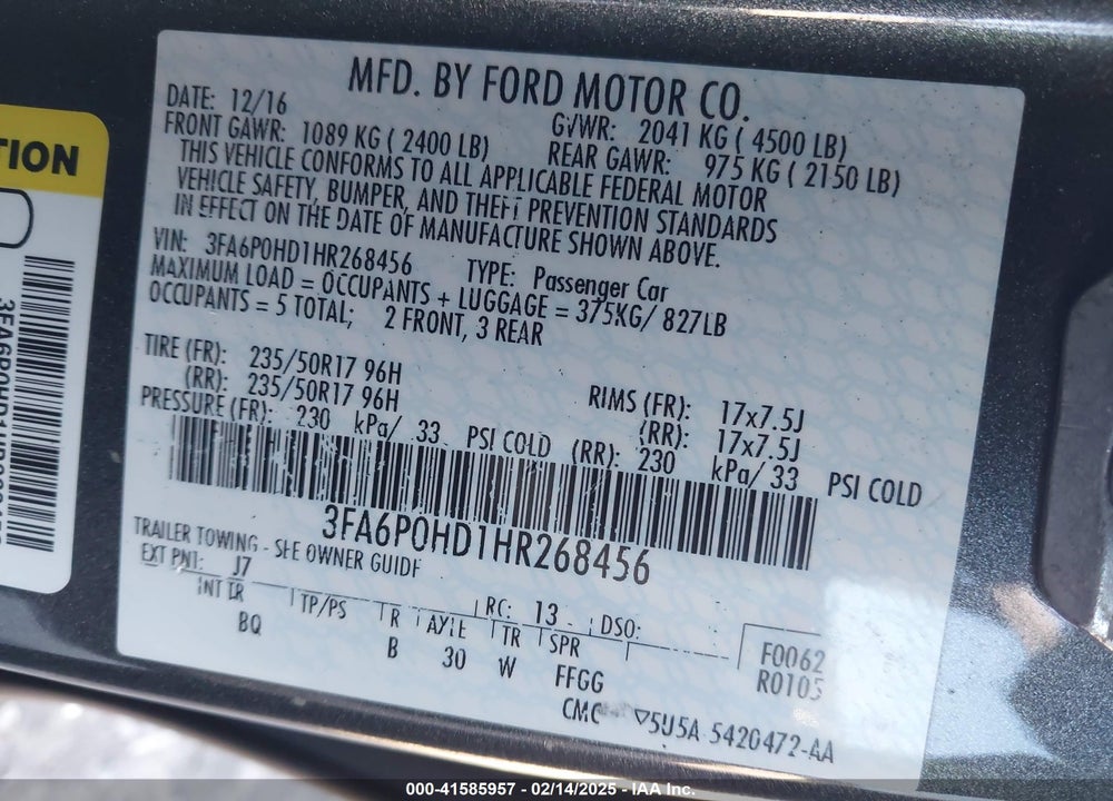 2017 FORD FUSION SE VIN: 3FA6P0HD1HR268456