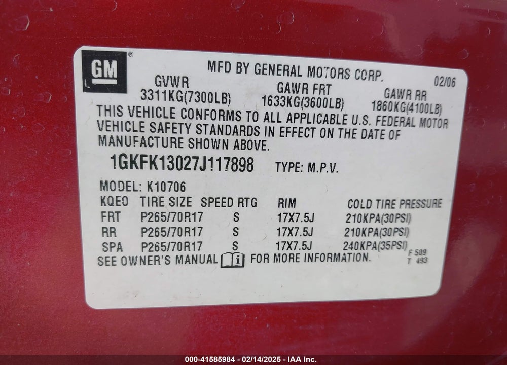 2007 GMC YUKON SLT VIN: 1GKFK13027J117898