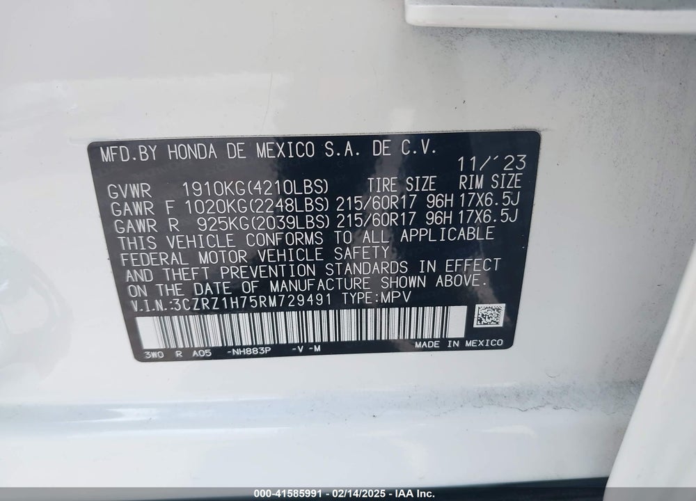 2024 HONDA HR-V 2WD EX-L/2WD EX-L W/O BSI VIN: 3CZRZ1H75RM729491