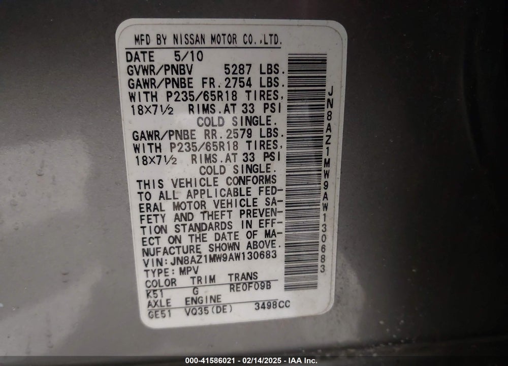 2010 NISSAN MURANO SL VIN: JN8AZ1MW9AW130683