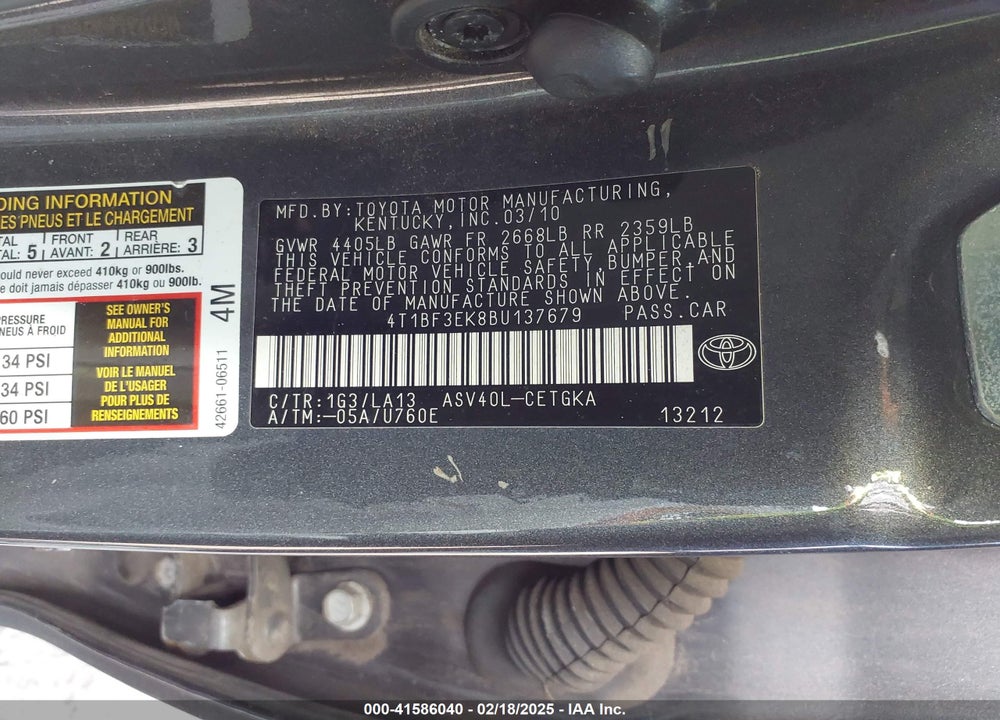 2011 TOYOTA CAMRY XLE VIN: 4T1BF3EK8BU137679
