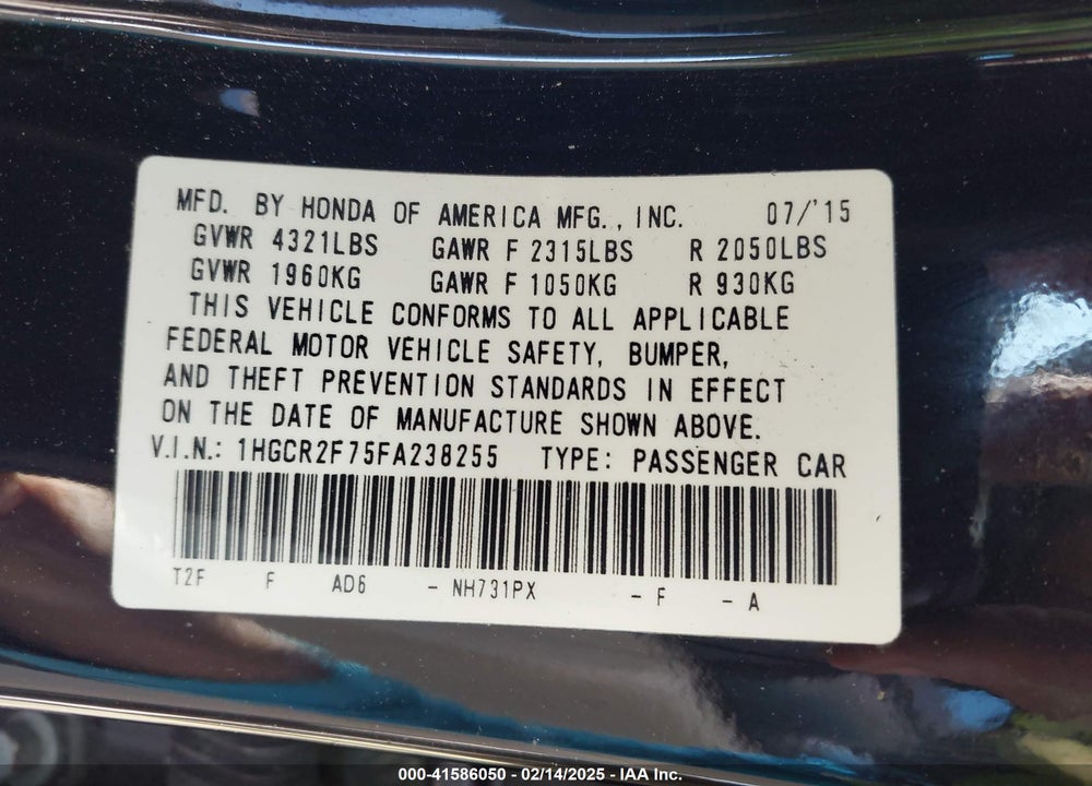 2015 HONDA ACCORD VIN: 1HGCR2F75FA238255