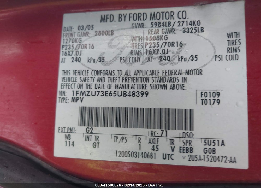 2005 FORD EXPLORER VIN: 1FMZU73E65UB48399