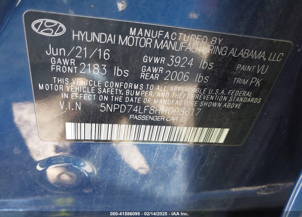 2017 HYUNDAI ELANTRA SE VIN: 5NPD74LF8HH098617