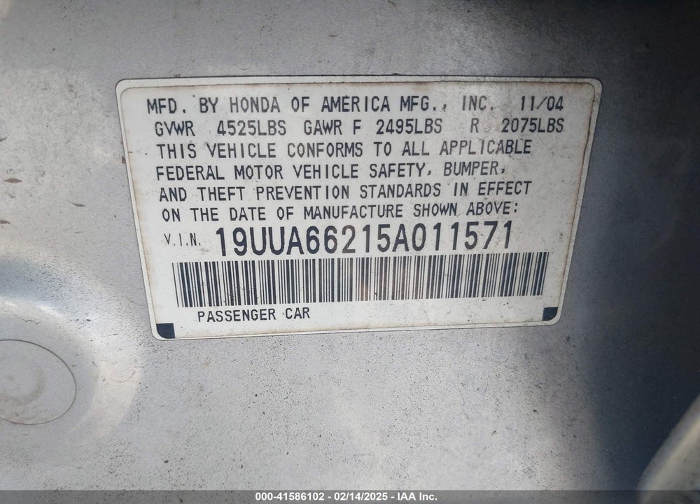 2005 ACURA TL VIN: 19UUA66215A011571