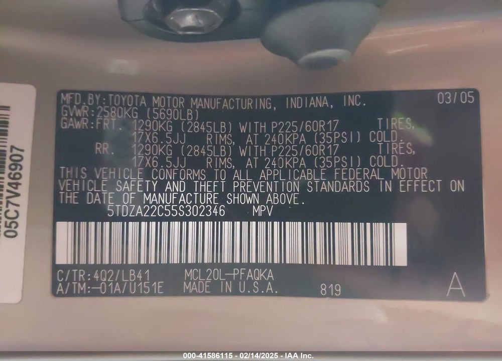 2005 TOYOTA SIENNA XLE VIN: 5TDZA22C55S302346