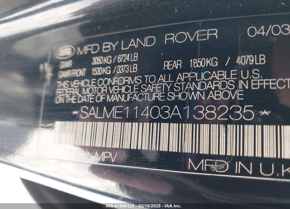 2003 LAND ROVER RANGE ROVER HSE VIN: SALME11403A138235