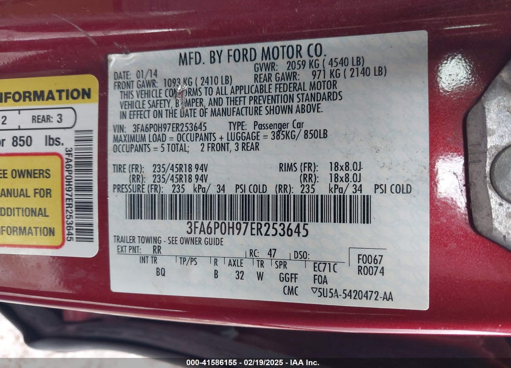 2014 FORD FUSION VIN: 3FA6P0H97ER253645