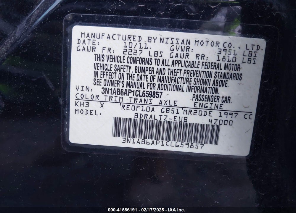 2012 NISSAN SENTRA VIN: 3N1AB6AP1CL659857