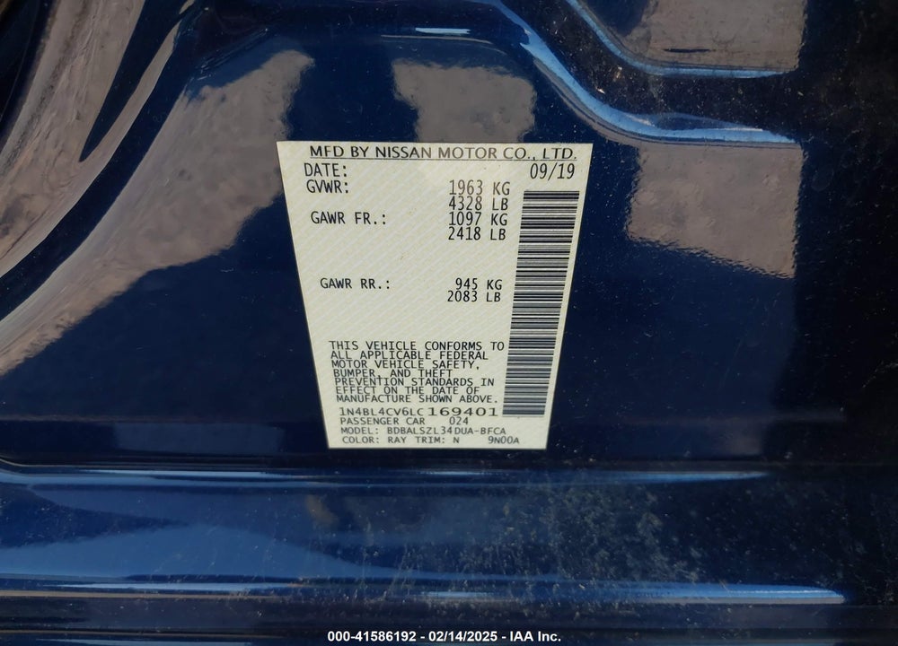 2020 NISSAN ALTIMA VIN: 1N4BL4CV6LC169401