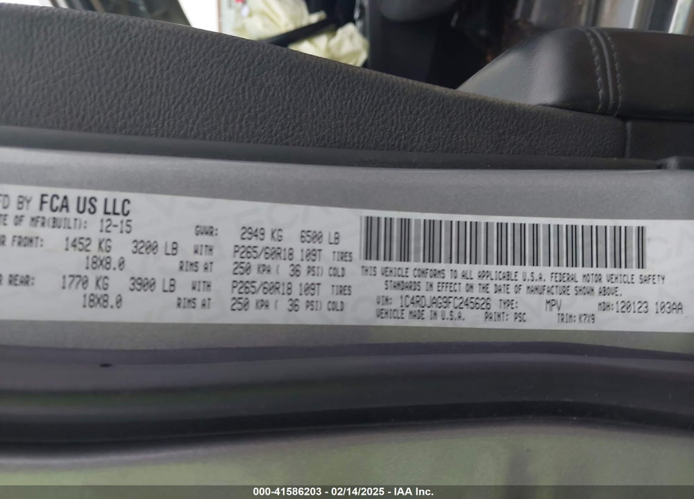 2015 DODGE DURANGO SXT VIN: 1C4RDJAG9FC245626