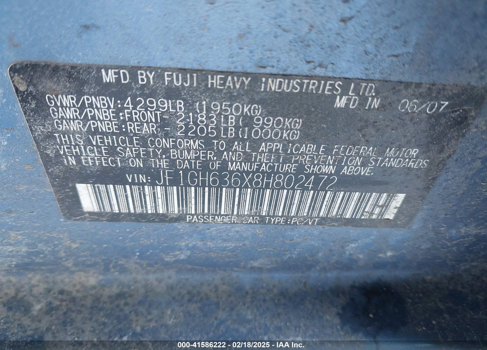 2008 SUBARU IMPREZA OUTBACK SPORT VIN: JF1GH636X8H802472