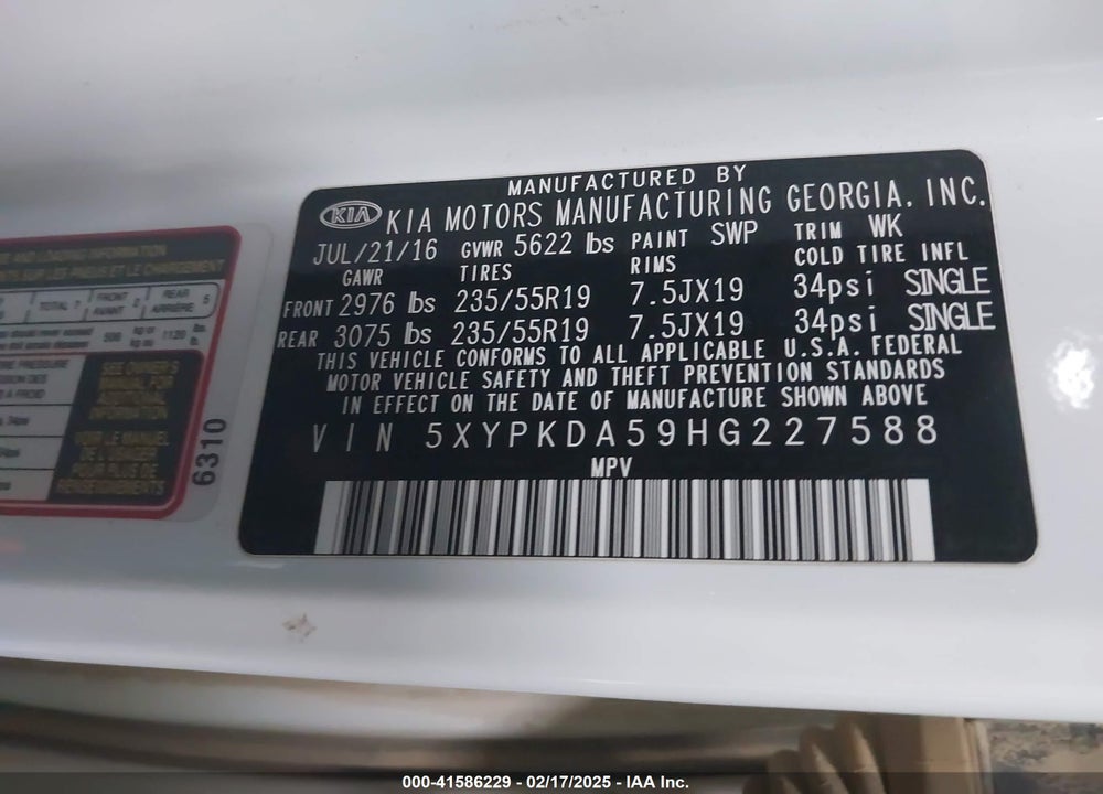 2017 KIA SORENTO VIN: 5XYPKDA59HG227588