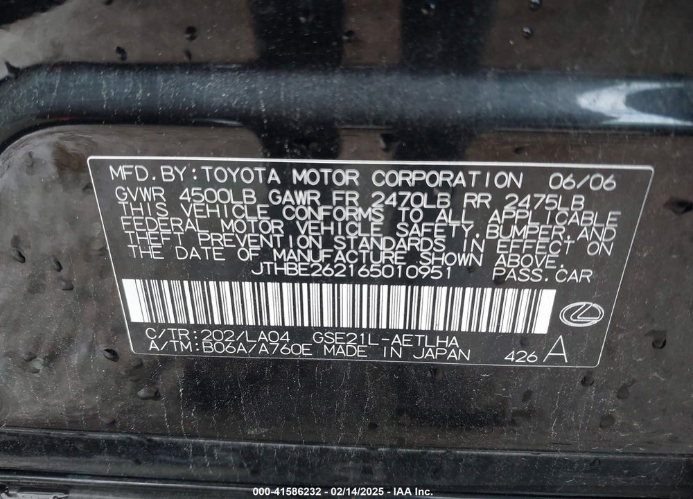 2006 LEXUS IS 350 VIN: JTHBE262165010951