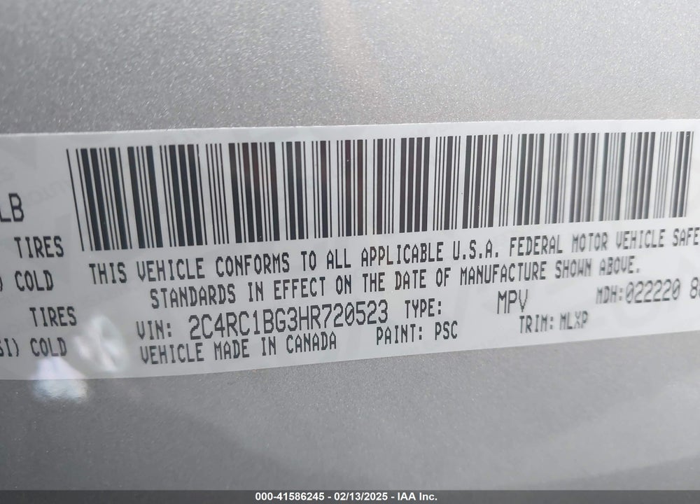 2017 CHRYSLER PACIFICA TOURING L VIN: 2C4RC1BG3HR720523