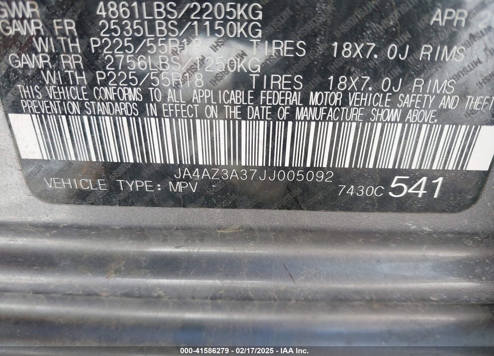 2018 MITSUBISHI OUTLANDER VIN: JA4AZ3A37JJ005092