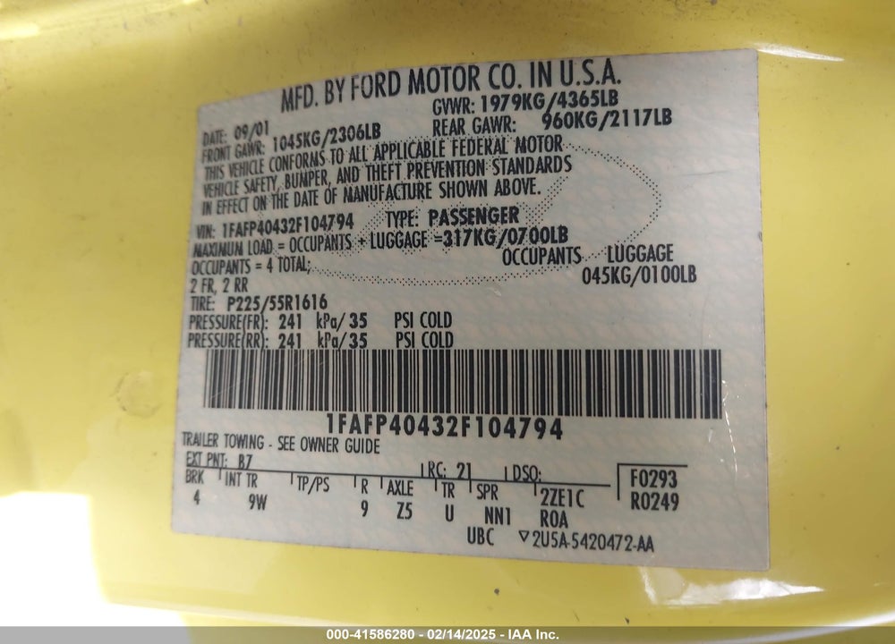 2002 FORD MUSTANG VIN: 1FAFP40432F104794