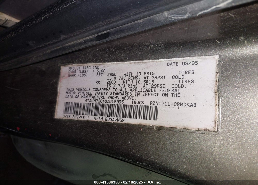 1995 TOYOTA TACOMA XTRACAB VIN: 4TAUN73C4SZ015905