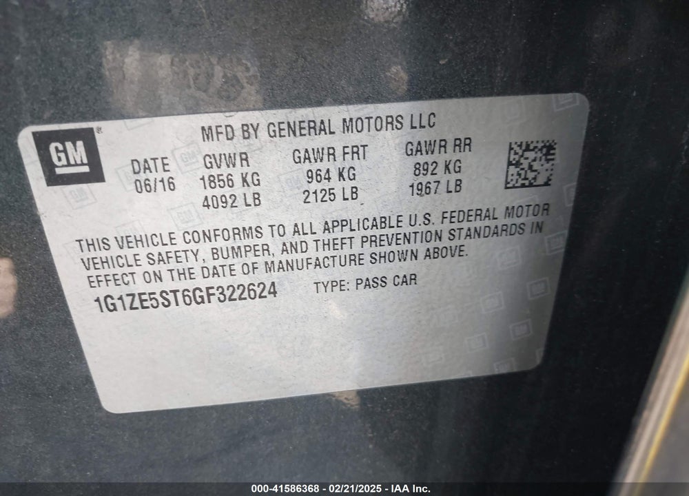 2016 CHEVROLET MALIBU 1LT VIN: 1G1ZE5ST6GF322624