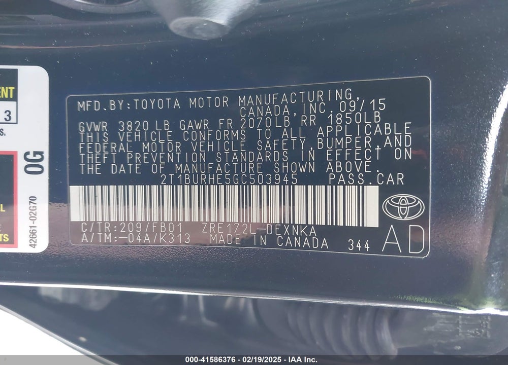 2016 TOYOTA COROLLA VIN: 2T1BURHE5GC503945